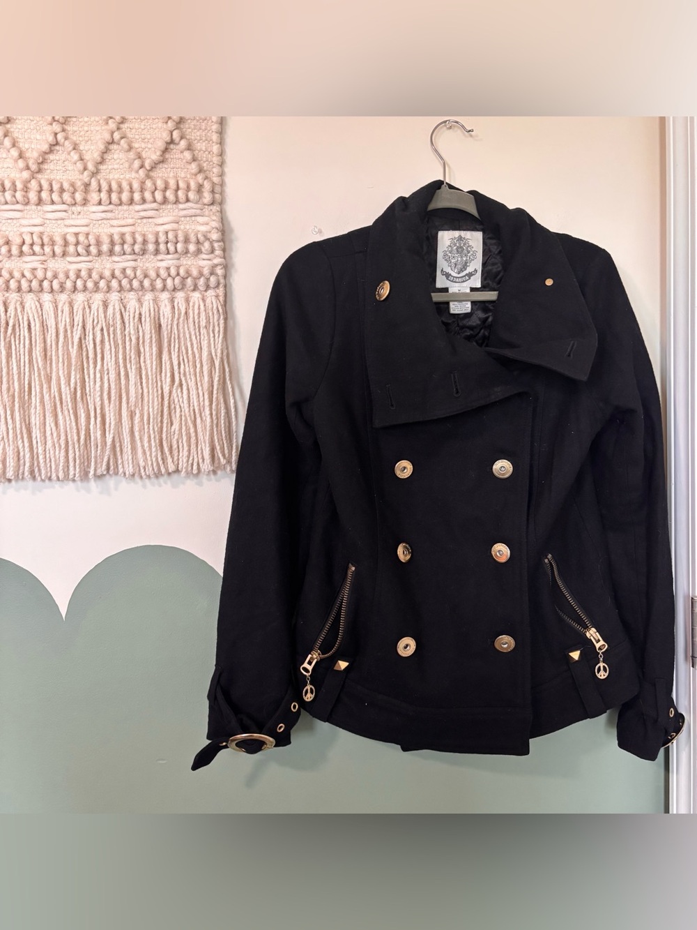 Black wool blend peacoat with gold buttons and zipper details